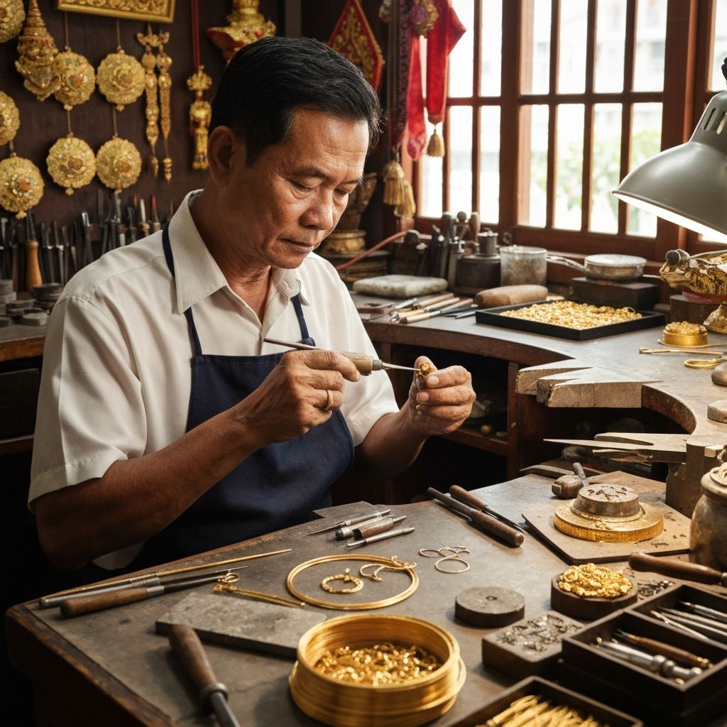 Skilled craftsman working on jewelry piece in Bangkok workshop, demonstrating traditional Thai craftsmanship